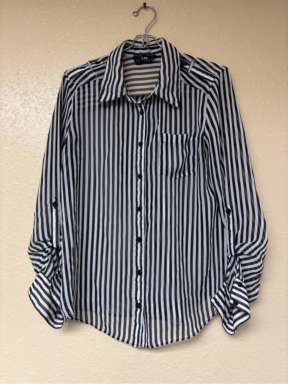 I.N. San Francisco Black and White Vertical Stripe Button-Up Shirt